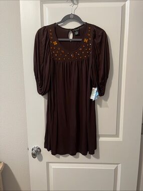 Cejon Chocolate Brown Scoop-Neck Tunic with Amber Embellishments